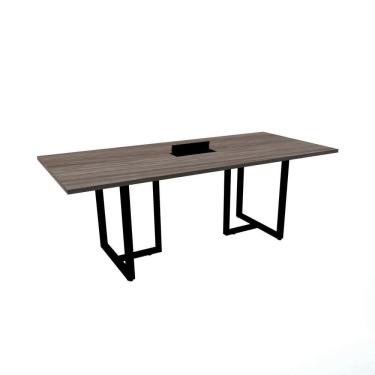 Imagem de Mesa De Reunião Com Caixa De Tomada Retangular 200 X 90 Cm Pé Tubular Pe25 Em Mdp Walnut Base Preta