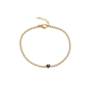 Imagem de Pulseira de tênis de coração banhada a ouro 18 K - pulseira delicada de diamante CZ - joia minimalista ajustável à prova d'água para uso diário - antimanchas, 7", Aço inoxidável, Zircônia cúbica