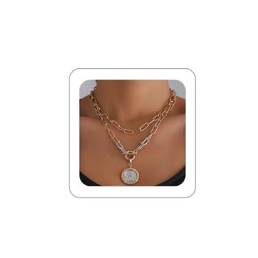 Imagem de BOOZIQ Colares de sol de ouro para mulheres, colares modernos de corrente em camadas, boêmio, estrela-do-mar, pingente de sol, colar grosso de moeda, colar gargantilha de sereia, bijuteria de