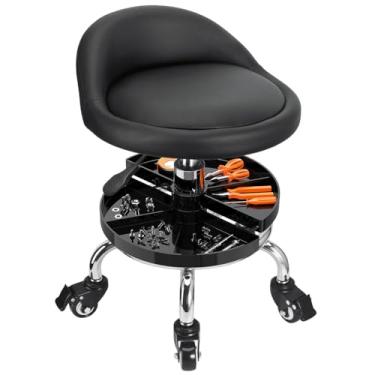 Imagem de JOSTZHXIN Cadeira de garagem para mecânico, cadeira de loja com rodinhas e altura ajustável, bancos baixos com bandeja de armazenamento, banco com rodinhas para tatuagem de spa de salão (estilo 2)