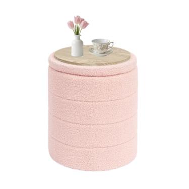 Imagem de CAIPINFUL Otomano redondo com armazenamento, mesa de centro boucle otomana, apoio para os pés para corredor, sala de estar, quarto - rosa