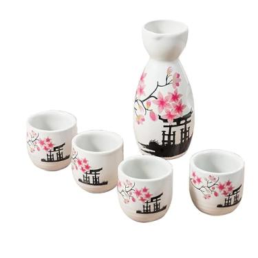 Imagem de Conjunto de cerâmica de saquê japonês pintado à mão com flores brancas e rosa, perfeito para presente de aniversário e coleção (flor de cerejeira 4 xícaras + 1 garrafa)