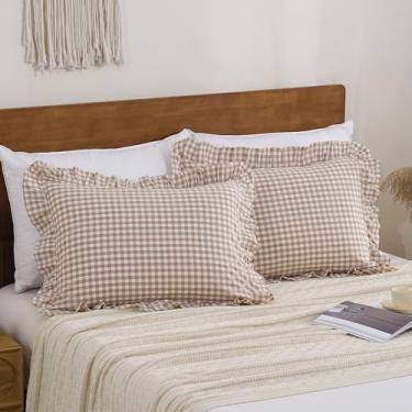 Imagem de YHJWW Capas de travesseiro caramelo guingão 100% algodão lavado como linho toque macio confortável king size xadrez bonito outono capa de travesseiro conjunto de 2 capas de cama (50 x 91 cm, fecho de