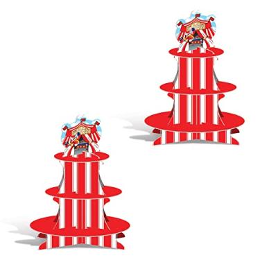 Imagem de Beistle 2 peças de papel de cartolina durável impresso listrado tenda de circo suportes de cupcake e suportes de sobremesa para tema de carnaval suprimentos de festa de aniversário