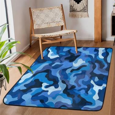 Imagem de Tapete de área para sala de estar, lavável à máquina, estampa camuflada, azul, antiderrapante, tapete macio para sala de estar, quarto, sala de jantar, berçário, cozinha, decoração de casa