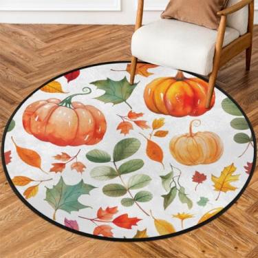 Imagem de Tapete redondo pequeno de 1,5 m com folhas coloridas de abóbora, tapete circular antiderrapante, lavável, tapete circular para quarto, sala de estar, berçário, cozinha, banheiro, entrada, decoração de