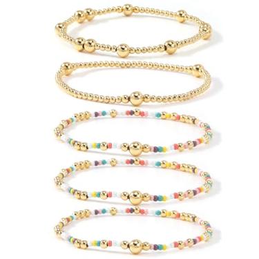 Imagem de SHINUS BOHO Conjunto de pulseiras com contas banhadas a ouro 14K para mulheres, contas elásticas boêmias, coloridas, joias, amizade, verão, moderno, 7.0, Sem Pedra Preciosa