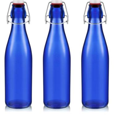 Imagem de Teenyyou 3 garrafas de vidro flip top de vidro com tampa hermética para bebidas, óleo, vinagre, kombucha, cerveja, água, refrigerante (azul cobalto, 500 ml)