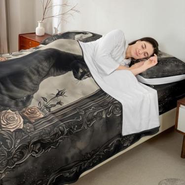 Imagem de Manfei Jogo de lençol casal de gato preto, estilo europeu, rosas e flores, decoração de quarto de meninos e meninas, geométrico, floral, Halloween, boêmio, exótico, 4 peças (elástico + plano + 2