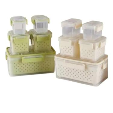 Imagem de Conjunto 5 Potes Herméticos com Tampa e Cesto, Plástico, Transparente com Bege e Verde, Empilháveis, para Organização de Cozinha