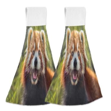 Imagem de Wassud Toalhas de mão penduradas de cozinha, pacote com 2, toalhas de banheiro de panda vermelho sorridente super macias com laços de adesivo mágico, toalha de secagem rápida altamente absorvente para