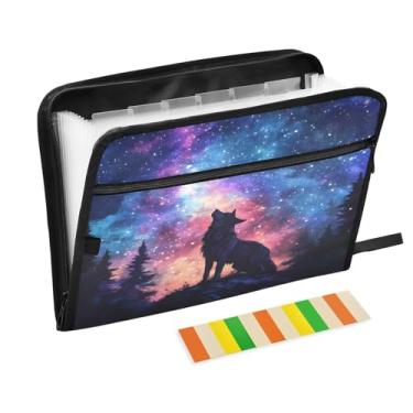 Imagem de CEBUGI Pasta expansível de 13 bolsos, impermeável, sanfonada, organizador de arquivos com etiquetas tamanho A4, organizador de documentos de papel para escola, escritório, lobo estrelado