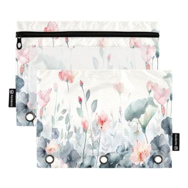 Imagem de Wassud Bolsa de lápis para fichário de 3 anéis, bolsa de lápis transparente com zíper suave, pasta floral em aquarela para fichário, pacote com 2