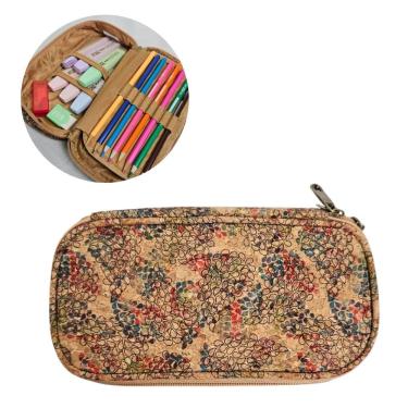 Imagem de Estojo Box Escolar Duplo Estampa Floral Vibrante Cortiça Escamas Grande Lápis Caneta Material Aula