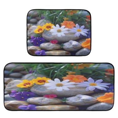 Imagem de STAYTOP Tapetes de cozinha com pedras e flores, 2 peças, tapete de entrada frontal, antiderrapante, alivia a fadiga, lavável, tapete para cozinha, quarto, varanda