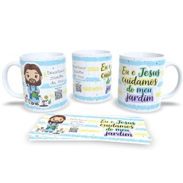 Imagem de Caneca Devocional Jardim da Paz, Branca com Listras Rosa e Verde, Flores, Tema Religioso (23006)