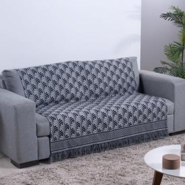 Imagem de Manta com Franja para Sofá Luxor 2,10m x 1,35m Tecido Jacquard (Preto Palmeira)