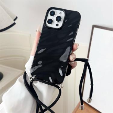 Imagem de Capa de celular com alça transversal, acabamento brilhante e efeito ondulado, para iPhone 15, 16, 17 Pro Max, Air, 14, 13, 12, 11, XR, XS, 7 e 8. Capa de silicone macio, preta, para iPhone 16 Pro Ma