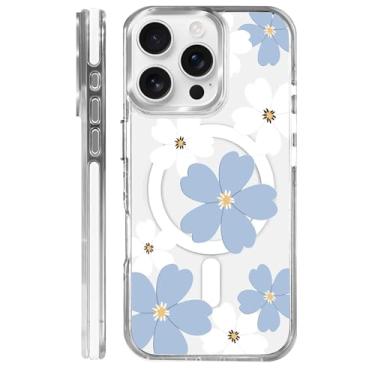 Imagem de MQJCYB Capa magnética para iPhone 16 Pro com design em base transparente, compatível com MagSafe, capa protetora fina de TPU macio para telefone para mulheres e meninas - lindo jardim de flores azuis