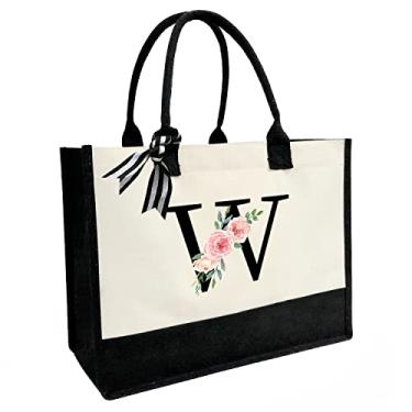 Imagem de Sacola de lona com carta impressa, presentes personalizados para mulheres, mães, amigas, professoras, bolsas de praia premium com zíper, W, 16.8" x 12.8" x 6.3"