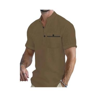 Imagem de Camisa Masculina De Algodão Respirável, Cor Sólida, Design Com Bolso, 