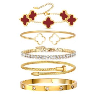 Imagem de Arthur Liu Conjunto de 5 pulseiras empilháveis de flores da sorte, One Size, Aço inoxidável, Zircônia cúbica