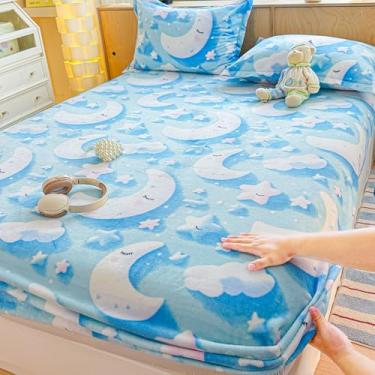 Imagem de J-pinno Jogo de lençol solteiro com estrelas de lua azul e nuvem dormindo para crianças, meninos e adolescentes, de flanela de veludo premium, felpudo, grosso, durável, 1 lençol com elástico e 1