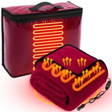 Imagem de Riakrum Cobertor elétrico de lã aquecido de 12 V com 2 níveis de aquecimento, bolsa de armazenamento USB para acendedor de cigarros, quente para carro, caminhão, SUV, trailer, acampamento e viagem