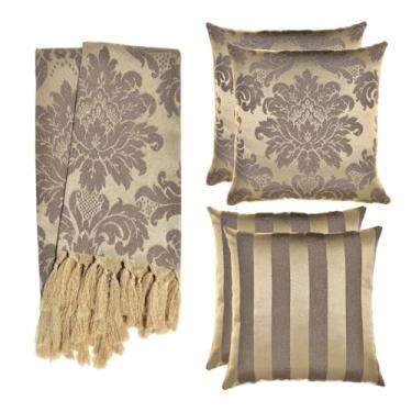 Imagem de Kit Manta para Sofá Jacquard 1.8x1.4m + 4 Capas de Almofada 45x45cm - Conjunto Protetor e Decorativo com Franjas Artesanais(Marrom Acinzentado e Bege 142)