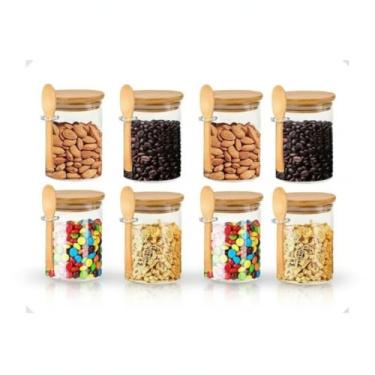 Imagem de Pote Hermético Vidro Borossilicato 250ml com Tampa e Colher de Bambu Vedação Silicone (8 Unidades)