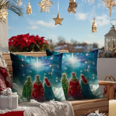 Imagem de HOMETITUTE Conjunto de 2 capas de almofada Three Kings 45,7 x 45,7 cm, decoração macia, três homens sábios, vista traseira, radiante, estrela, céu noturno, linho, capas de almofada quadradas, fronhas