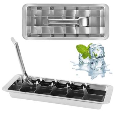 Imagem de Bandeja de cubo de gelo de aço inoxidável com alça, moldes de bloco de gelo fáceis de liberar com 18 compartimentos para fazer gelo rapidamente, molde de cubo de gelo quadrado eficiente para bebidas e