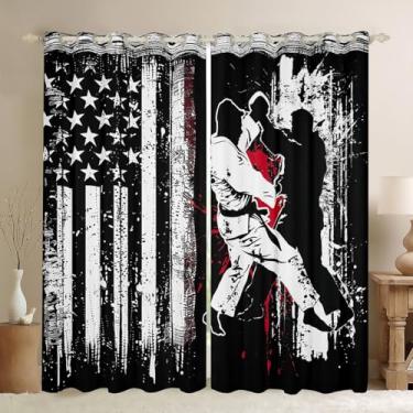 Imagem de Manfei Cortinas de janela Jiujitsu com estampa da bandeira americana, tratamentos de janela esportivos de judô japonês, decoração de quarto de crianças, meninos, adolescentes, adultos, conjunto de 2