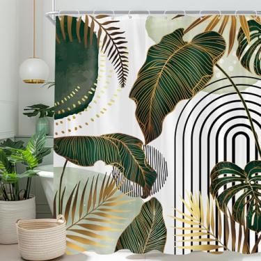 Imagem de Cinbloo Cortina de chuveiro verde Boho 72Wx78H abstrata meados do século moderno tropical Monstera esmeralda ouro folha de palmeira planta minimalista neutro conjunto de cortina de banheiro simples