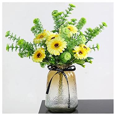 Imagem de CZCZC Flores artificiais flor artificial girassol vidro decoração floral flores secas arranjo criativo crisântemo sala de estar mesa de jantar decoração hotel flores falsas