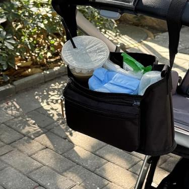 Imagem de shineka Organizador de carrinho de bebê, 2 porta-copos, bolsa removível para armazenamento de fraldas, bolsos para celular, serve para todos os carrinhos de bebê (preto)