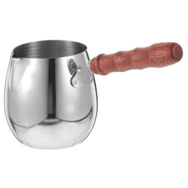 Imagem de VINTORKY Jarro de espumador de leite latte Art com cabo de madeira de aço inoxidável para café e cappuccino, jarra de leite de 340 g para uso profissional Latte Art