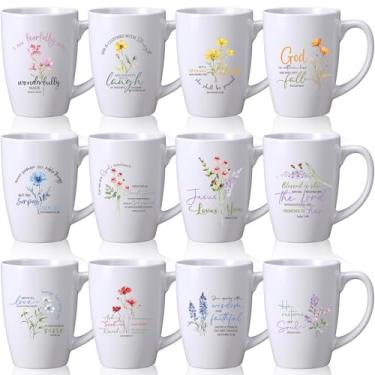 Imagem de Widecook Conjunto de 12 peças de canecas de café cristãs para mulheres e homens 340 g versículos da Bíblia xícara de cerâmica canecas de café religiosas para pastor família igreja lembrancinhas de