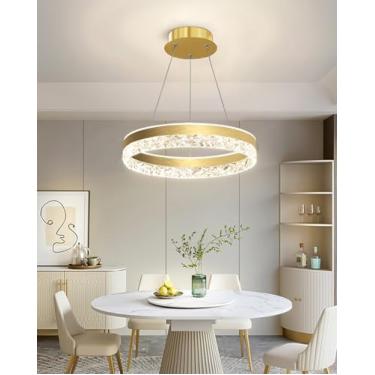 Imagem de Luminária pendente redonda moderna e glamorosa, luminária de mesa regulável com controle remoto, dourada, Ø50cm, para sala de estar, cozinha e sala de jantar.