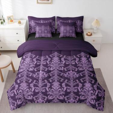 Imagem de Feelyou Jogo de cama Queen gótico damasco com lençol para crianças, meninos, meninas, estilo barroco vitoriano, antigo, 7 peças, gótico roxo, floral, em uma bolsa, decoração de quarto boêmio, macio