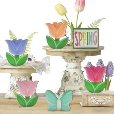 Imagem de Uruney Conjunto de 6 peças de decoração de bandeja em camadas de primavera, decorações de madeira de flor de tulipa, placas de madeira decorativas de borboleta floral colorida, prateleira rústica de