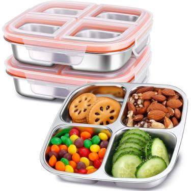 Imagem de KTKUDY Pacote com 3 recipientes de lanche de aço inoxidável – Caixa de lanche Bento dividida – 4 compartimentos para preparação de refeições para crianças, creche, escola, trabalho, viagens