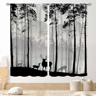 Imagem de Cortinas florestais rústicas, cabana de fazenda retrô, chalé, árvore, caça, veado, acampamento, vintage, cinza, blackout para janela, tratamentos para sala de estar, quarto, cozinha, banheiro, 2