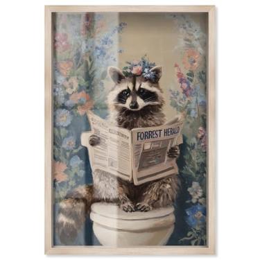 Imagem de Guaxinim no jardim, caixa de sombra, impressão de banheiro, arte de parede por Art Remedy, moldura loira, 28 x 40 cm