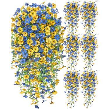 Imagem de Serwalin 6 peças de flores artificiais de outono para decoração ao ar livre, flores artificiais de seda realista para pendurar no pátio, jardim, varanda, janela, exterior (amarelo e azul, 6 peças)