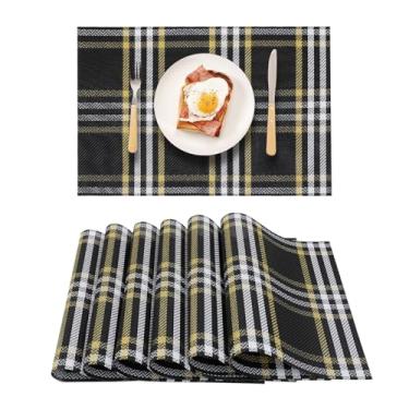 Imagem de Jogo americano xadrez conjunto de 6, jogo americano xadrez preto de vinil para mesa de jantar, tapetes de mesa de plástico modernos limpáveis, resistentes ao calor, antiderrapante, lavável, tapete de