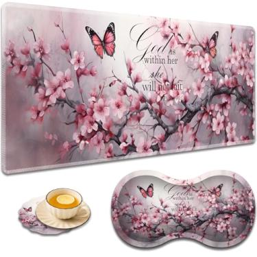 Imagem de Mouse pad grande + suporte de pulso + porta-copos de café, almofada de mesa com bordas costuradas, conjunto antiderrapante adequado para trabalho de escritório e casa - borboletas de flor de cerejeira