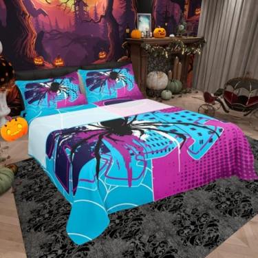Imagem de Jogo de lençol casal de aranha preta, teia de aranha, inseto aracnídeo, animal, meninos, meninas, mulheres, homens, feliz dia das bruxas, moderno, rosa, azul, 4 peças (elástico + lençol + 2 fronhas)