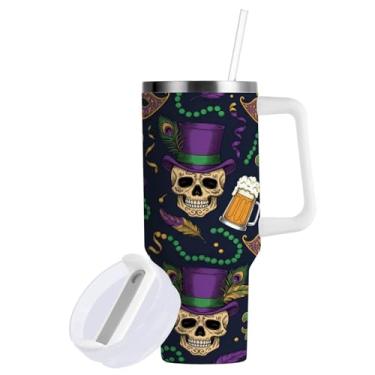 Imagem de ATTX Copo de caveira de carnaval de 850 g com alça - Caneca de viagem de aço inoxidável isolada a vácuo, xícara de café à prova de vazamento com canudo #207