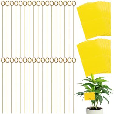 Imagem de Qualirey Kit de 50 armadilhas adesivas amarelas para mosquitos de fungos de plantas, inclui 25 cartões amarelos e 25 suportes de arame longos dourados para matar armadilhas de insetos eficazes para